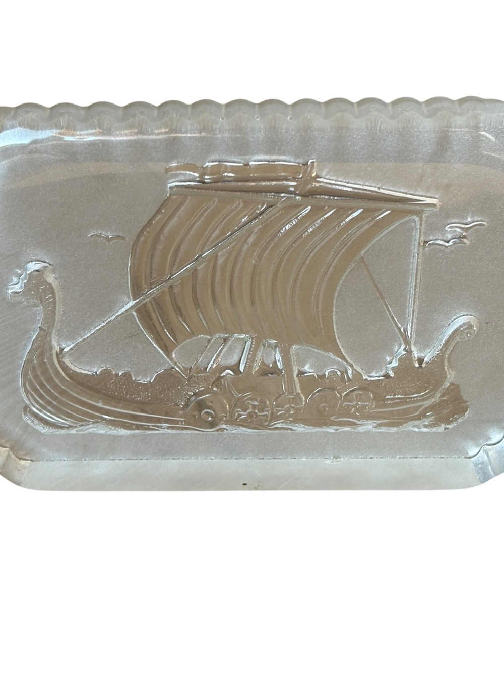 Viking Longship Art Glass Frost Carving Vintage Etched Paperweight